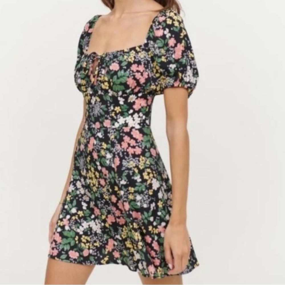 Reformation Black Floral Square-Neck Mini Dress